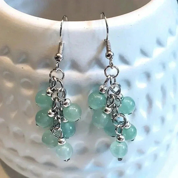 Malaysia Jade Green Gemstone Bead Dangle Silver Platinum Plated Earrings - Picture 2 of 10